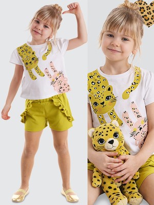 Denokids Kız Çocuk T-shirt Şort Takım Beyaz-Yeşil Kedi Temalı Özel Olay İçin 6 Yaş