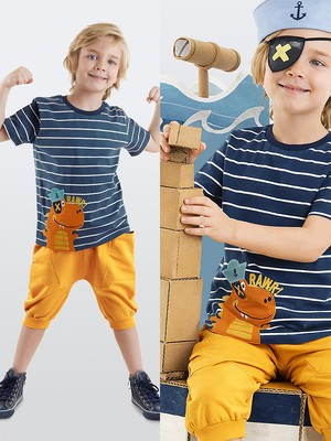 Denokids Denizci Dino Erkek Çocuk T-Shirt Kapri Şort Takım