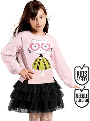 Denokids Kalp Gözlük Kız Çocuk Tüllü Sweatshirt Etek Takım
