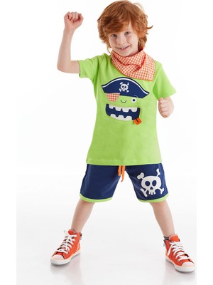 Denokids 3d Yeşil Korsan Çocuk T-shirt Şort Bandana Takım