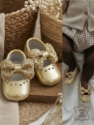 Denokids Kız Bebek Patik Hakiki Deri Gold Yumuşak Taban Ayakkabı 17-21 Numara