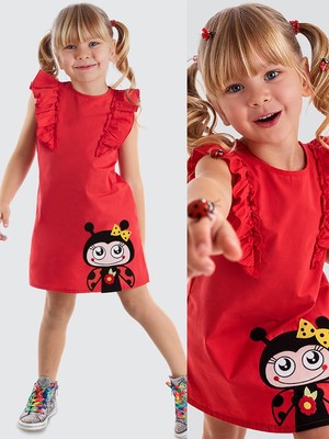 Denokids Fırfırlı Uç Uç Kız Çocuk Elbise - Kırmızı