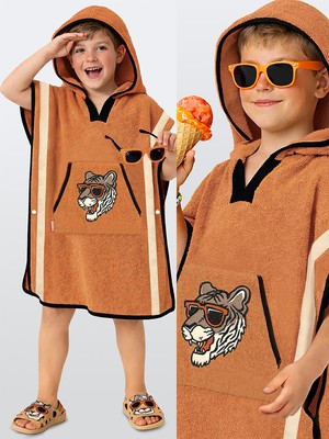 Denokids Erkek Çocuk Plaj Havlusu Havlu Panço Kapüşonlu Kaplan Aplikeli Standart