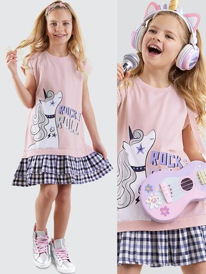 Denokids Unicorn Rock Kız Çocuk Ekose Elbise