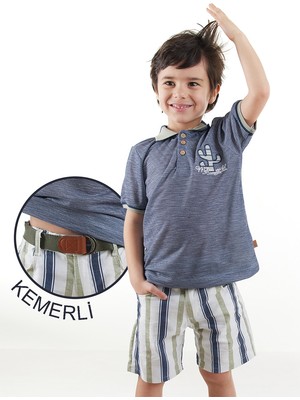 Midimod Erkek Çocuk 3'lü Takım Polo Yaka T-Shirt Şort Kemer Takım