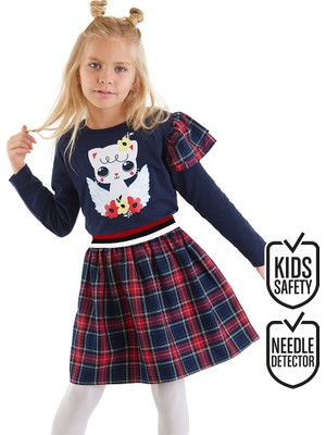 Denokids Kanatlı Kedi Kız Çocuk Lacivert Ekose Elbise