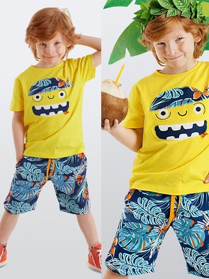 Denokids Erkek Çocuk Hawai Korsan Desenli Şort Takım Nefes Alabilir Kumaş 2 Yaş