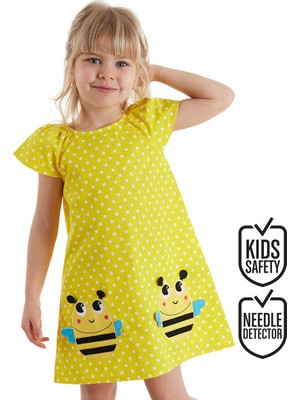 Denokids Puanlı Arılar Kız Çocuk Elbise 4 Yaş Eğlenceli Sarı Temalı Tasarım