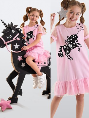 MSHB&G Yıldızlı Unicorn Kız Çocuk Pembe Tüllü Elbise