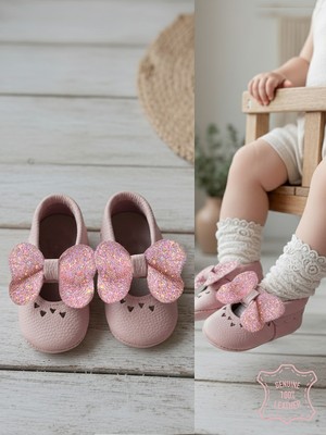 Denokids Kız Bebek Patik Hakiki Deri Taşlı Pembe Yumuşak Taban Ayakkabı 17-21 Numara