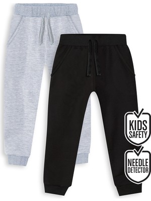 Denokids Unisex 2'li Eşofman Altı Siyah-Gri Melanj Kalın Pamuklu Kışlık 8 Yaş