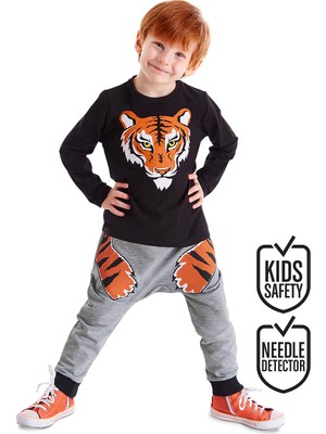 Denokids Kaplan Pençesi Erkek Çocuk Pantolon Takım Siyah-Gri Pamuklu Uzun Kollu T-Shirt
