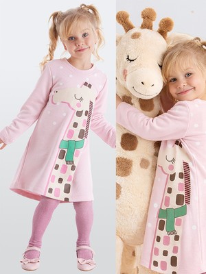 Denokids Kız Çocuk Elbise Günlük Stil Zürafa Desenli Pembe Askılı 5 Yaş