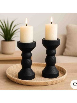 Han Ahşap Doğal Ahşap Şamdan Seti (2'li) – 12.5 cm & 12.5 cm – Rustik Dekoratif Mumluk