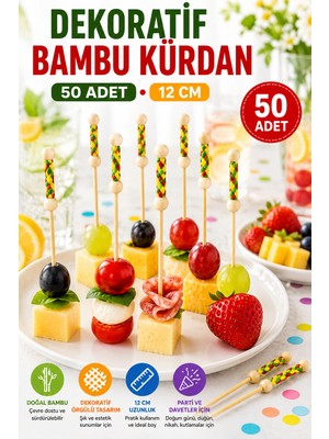 Open City 50 Adet Dekoratif Sarı Örgülü Bambu Kürdan 12 cm Parti Davet Kokteyl Meyve Sunum Kürdanı Seti Paket