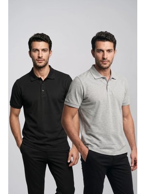 Fevien 2'li Set Erkek Günlük Şık Polo Yaka Kısa Kollu Düğme Detaylı Rahat Kalıp Basic Yazlık Tişört Avantajlı Paket