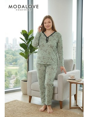 Onz Modalove Kadin Büyük Beden Viskon Pijama Takimi Uzun Kollu Desenli Rahat Kesim
