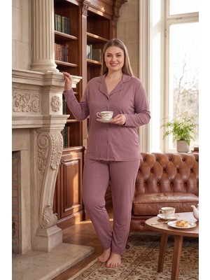 Onz Modalove Kadin Büyük Beden Viskon Pijama Takimi Uzun Kollu Desenli Rahat Kesim