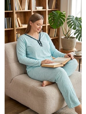 Onz Modalove Kadin Büyük Beden Viskon Pijama Takimi Uzun Kollu Desenli Rahat Kesim