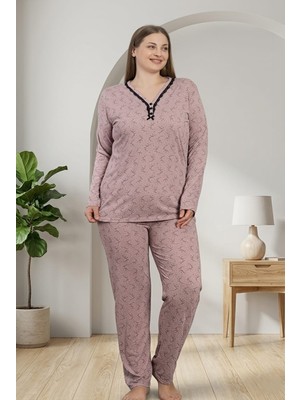 Onz Modalove Kadin Büyük Beden Viskon Pijama Takimi Uzun Kollu Desenli Rahat Kesim