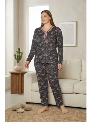 Onz Modalove Kadin Büyük Beden Viskon Pijama Takimi Uzun Kollu Desenli Rahat Kesim