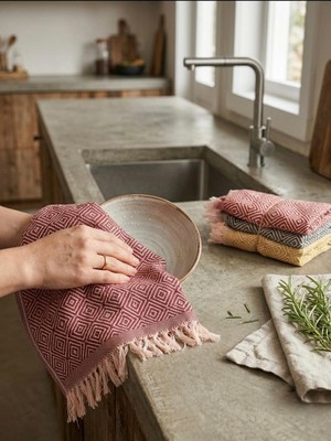 Tekstil Vagonu 3’lü Şanslı Renk Paketi Saçaklı Kurulama Bezi 30X50 cm Pamuk Dokulu Mutfak ve El Havlusu