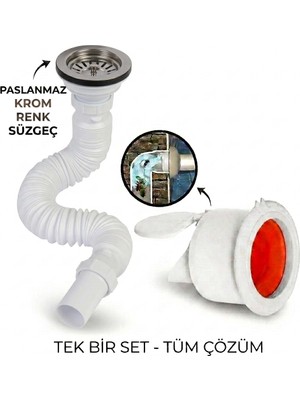 LPD Krom Çöpmak Körüklü Büyük Kafalı Tırnaklı Mutfak Evye Lavabo Gider Si̇fonu (Üstü Paslanmaz Altı Plastik) + Çekvalfli Conta Kötü Koku Böcek Kirli Su Önleyici Lavabo Gider Aparatı