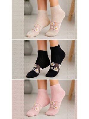 Uzn Socks 3 Çift Kadın Papatya Desenli Transparan Çorap – Ince File Detaylı Yumuşak Soket Çorap
