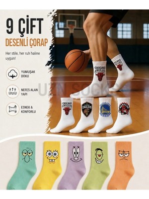 Uzn Socks 9 Çift Desenli Spor Çorap | Karikatür Karışık Set | Yumuşak & Nefes Alan