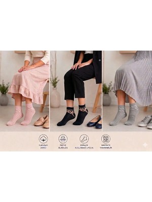 Uzn Socks Kadın 3'lü Desenli Soket Çorap Seti - Çok Renkli, Tül Detaylı, Şık ve Rahat