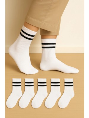 Uzn Socks Unisex Beyaz Siyah Çizgili Kolej Stil Spor Çorap – 6’li Paket Yüksek Pamuk Oranlı