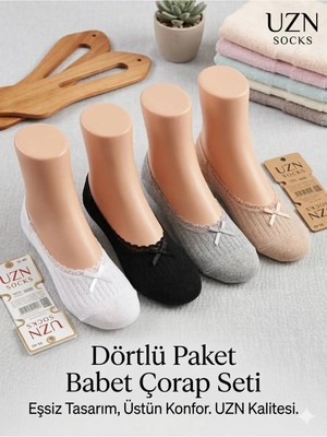 Uzn Socks Kadın Dantelli Babet Çorap 4’lü Paket – Günlük Rahat Ince Babet Çorap Seti