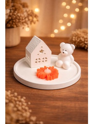 Yasmella Home Ev Mumluk + Ayıcık Objesi + Tepsi + Turuncu Papatya Mum
