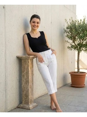 Urumday Merserize Kare Yaka Fitilli Yırtmaçlı Atlet Bluz