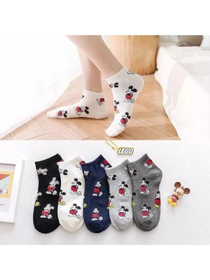 Uzn Socks Desenli Kadın Bilek Çorap Seti - 5'li Paket Pamuklu Renkli Soket Çorap