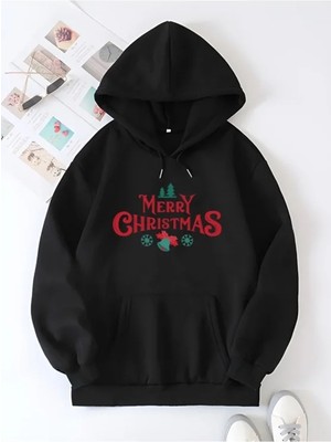 Hace Bazaar Yılbaşı Merry Christmas Baskılı Oversize Kapüşonlu Sweatshirt Hoodie - Siyah