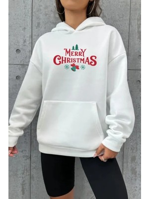 Hace Bazaar Yılbaşı Merry Christmas Baskılı Oversize Kapüşonlu Sweatshirt Hoodie - Beyaz
