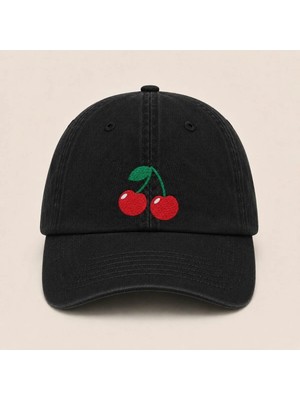 Minimal Kiraz Nakışlı Vintage Yıkamalı Kep Şapka