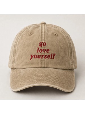 "go Love Yourself" Ironik Söz Nakışlı Vintage Yıkamalı Beyzbol Şapkası