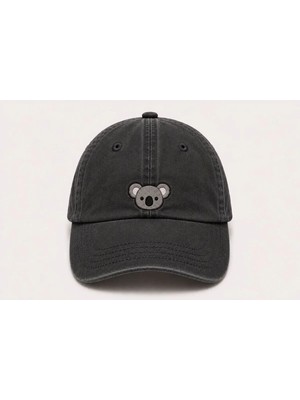 Siyah Koala Nakışlı Vintage Yıkamalı Beyzbol Şapkası