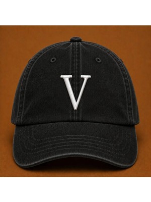 Kişiye Özel "v" Baş Harf Nakışlı Vintage Yıkamalı Beyzbol Şapkası