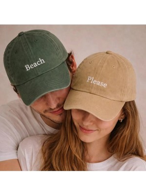 "beach Please" Yazılı Çift Kombini Eskitme Yıkamalı Kep Şapka