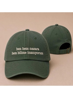 "ben Hem Nazara Hem Bilime Inanıyorum" Nakışlı Vintage Yıkamalı Beyzbol Şapkası
