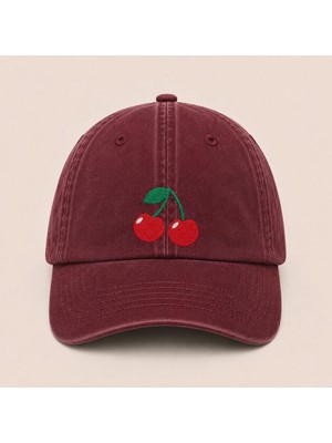 Minimal Kiraz Nakışlı Vintage Yıkamalı Kep Şapka