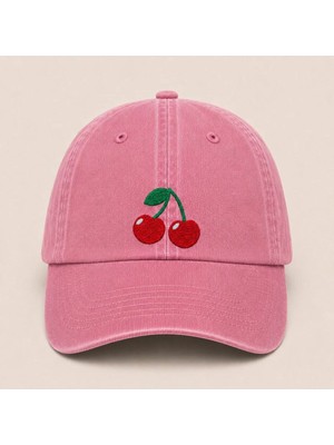 Minimal Kiraz Nakışlı Vintage Yıkamalı Kep Şapka