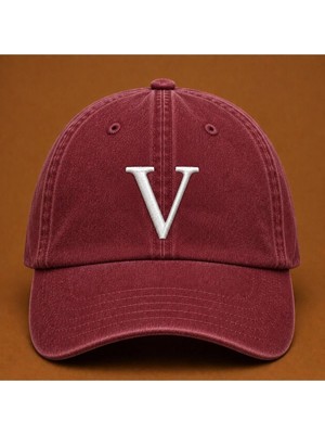 Kişiye Özel "v" Baş Harf Nakışlı Vintage Yıkamalı Beyzbol Şapkası