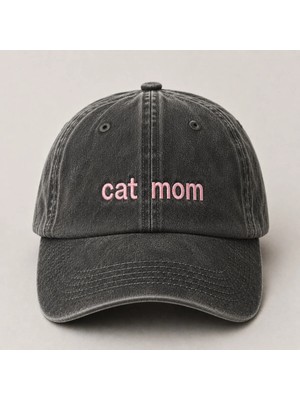 "cat Mom" (Kedi Annesi) Minimal Nakışlı Vintage Yıkamalı Beyzbol Şapkası