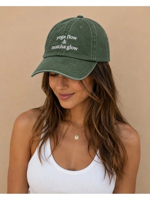 Yoga Flow Matcha Glow Yazılı Eskitme Yıkamalı Şapka
