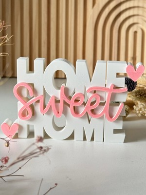 Home Sweet Home Yazılı 3D Baskı Dekoratif Obje Beyaz Ahşap Malzeme Evinize Değer Katar