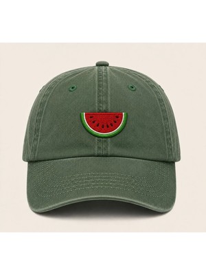 Minimal Karpuz Nakışlı Vintage Yıkamalı Kep Şapka